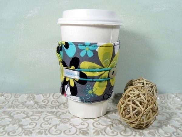 SALE Hot/Cold Cup Sleeve Mod Flower Power Reversible Cup Cozy by Uptown Avenue