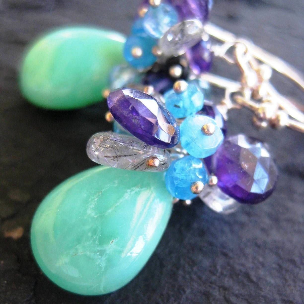 Chrysophrase earrings with amethyst and apatite--Soave--