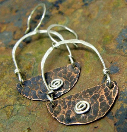 Swirl, Copper and Sterling Silver Swing Earrings, ThePurpleLilyDesigns