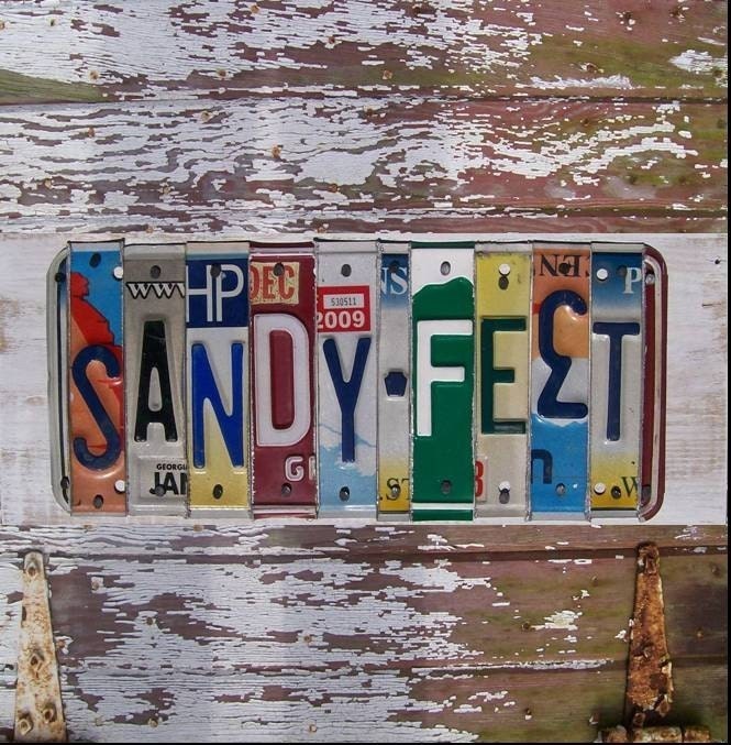 Funky Sandy Feet Word Block - Custom Words Available - Recycled Vintage License Plate Sign Art - Salvaged Wood - Upcycled Artwork