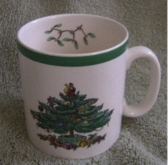 Vintage Spode Christmas Tree England Coffee Tea Mug Green Rim Red Green White