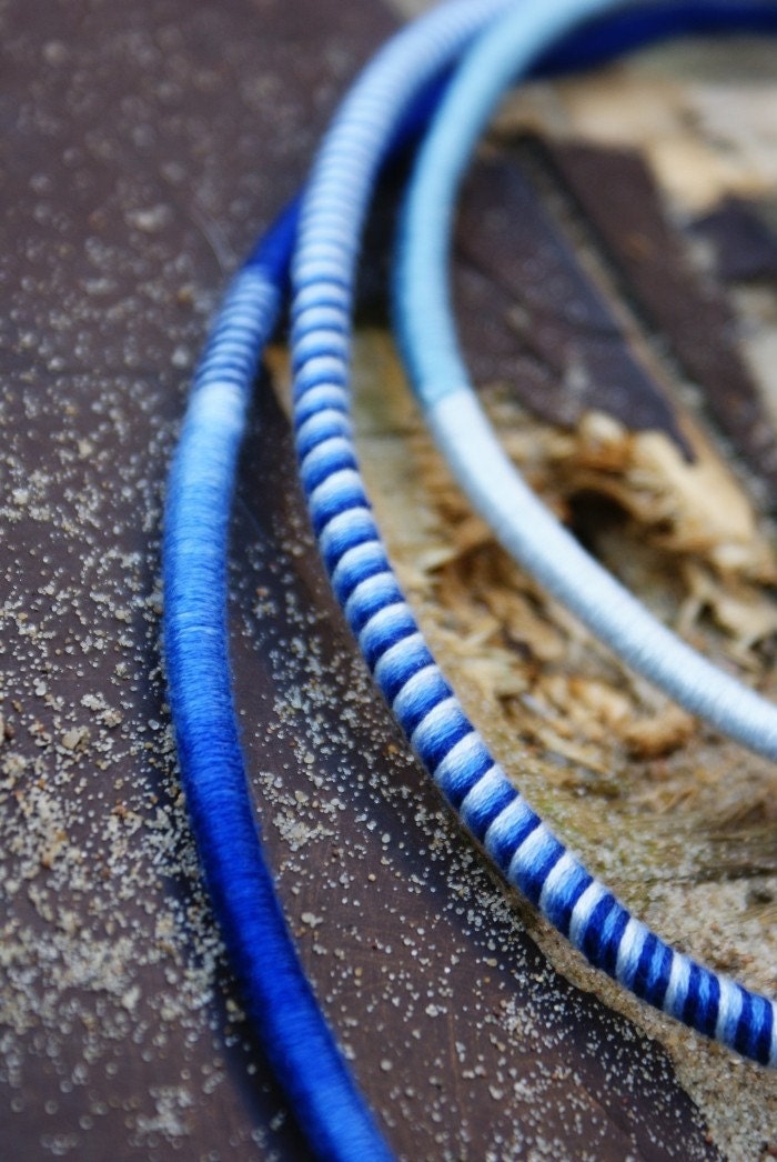 Wrapped fiber triple long blue, navy necklace in stripes