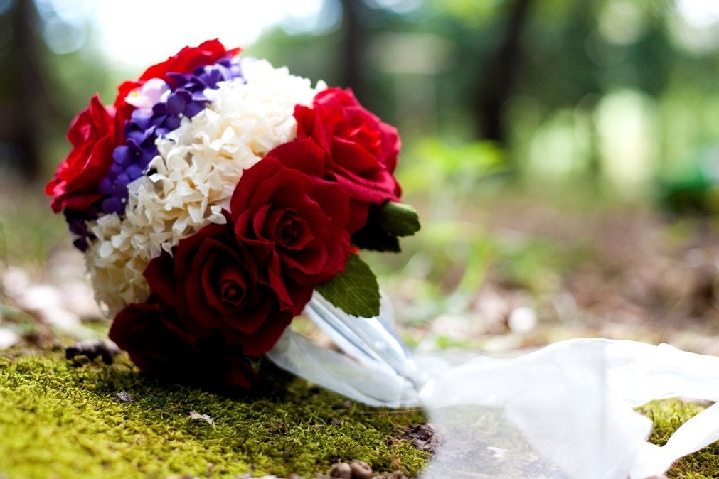 OoaK paper flower wedding bouquet - biedermeier with red roses, white hydrangea, purple wildflowers, pink cherry blossoms, and rose leaves