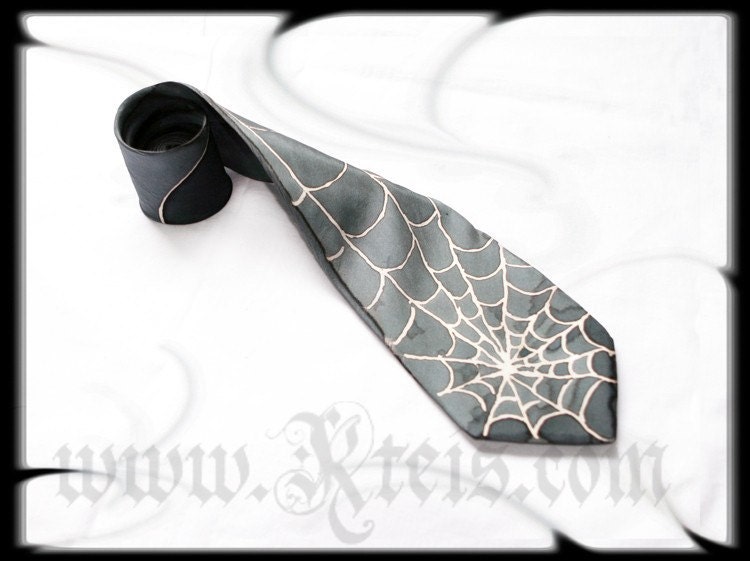 Steampunk silk tie, silver spiderweb, mens fashion