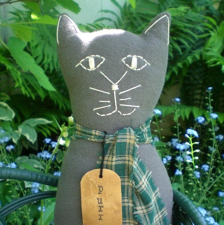 Primitive Folk Art Gray Flannel Purr Kitty Cat Doll