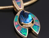 Australian opal inlay pendant with topaz and diamonds
