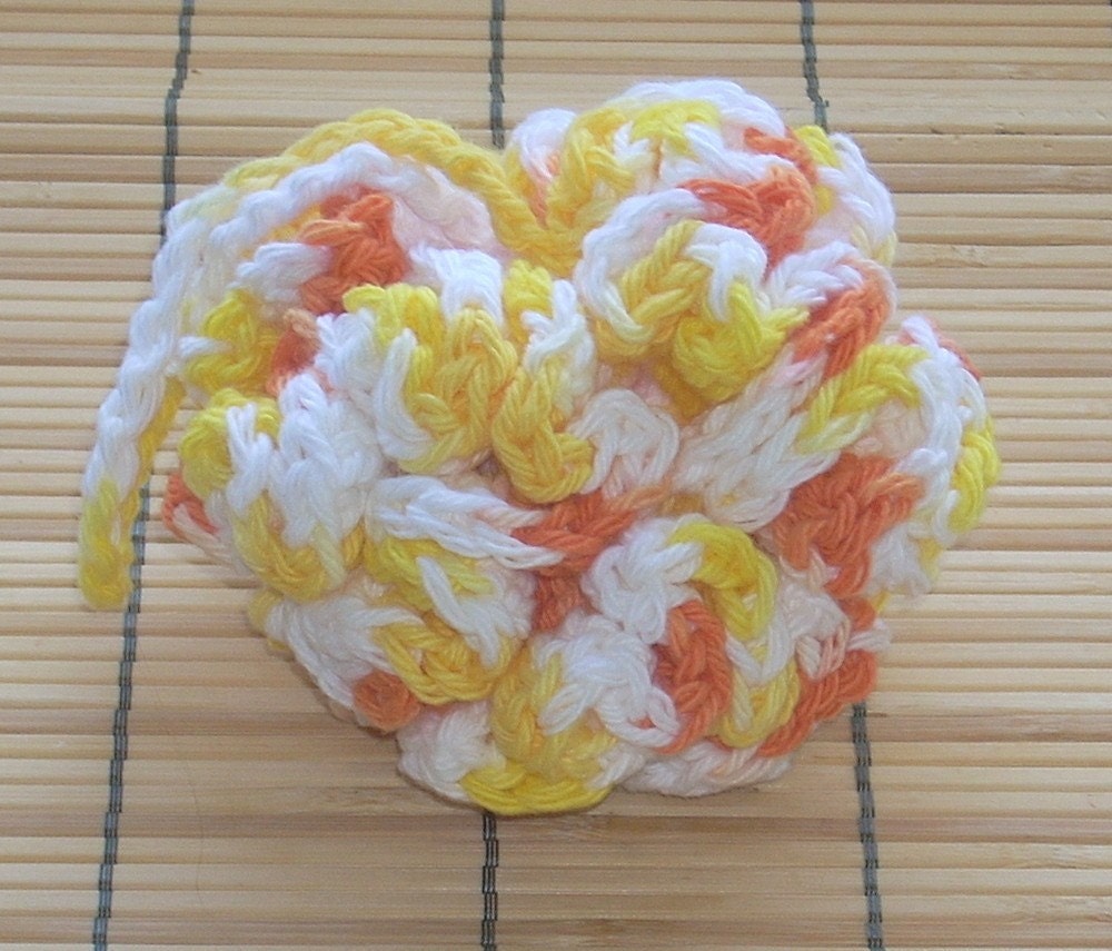 Crochet Cotton Bath/Shower Puff, Yellow, Orange, and White, Lazy Daisy - 124