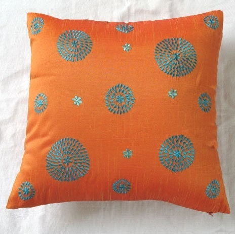 orange  blue  circle throw pillow with embroidery 16 inch decorative cushion cover
