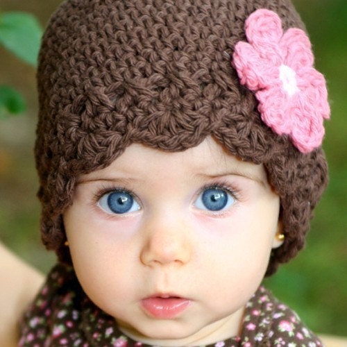 Newborn Daisy Flapper Beanie - chocolate, pastel pink, rose pink