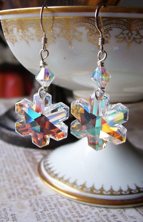 Swarovski AB Crystal Snowflake Sterling Silver Earrings