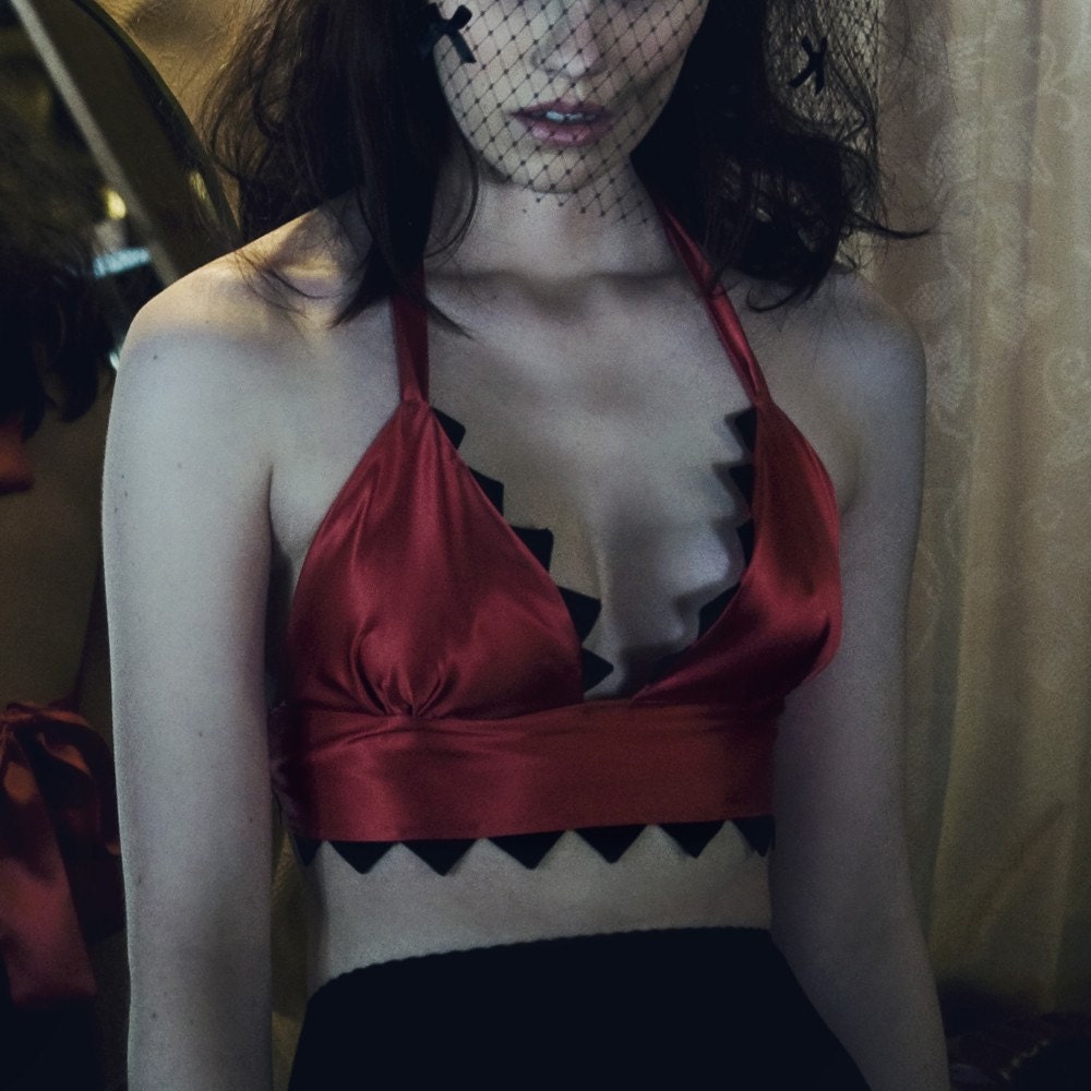 Coral & Black 'Betsey' Silk Halter Bralette