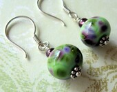 Green and Purple Lampwork Sterling Silver Earrings