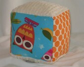 Cute Blue Owls and Chenille Fabric Block Rattle