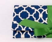 THE ALEXIS CLUTCH in navy blue and green lattice