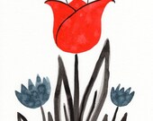 Scandinavian Flowers in Red and  Navy -- Original Watercolor Painting 8x10