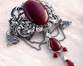 Silver Gothic Choker / victorian patterns, Carnelian Agate and red Swarovski Crystal teardrop beads