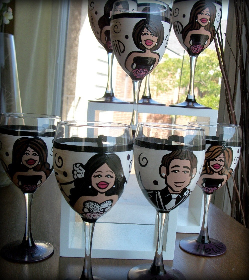 Bridal Party (8 glasses) Custom Hand Painted Wedding Glassware