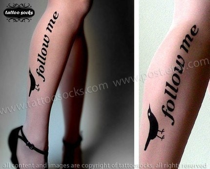 sexy, funny and flirty FOLLOW ME twitter TATTOO knee-high socks light mocha