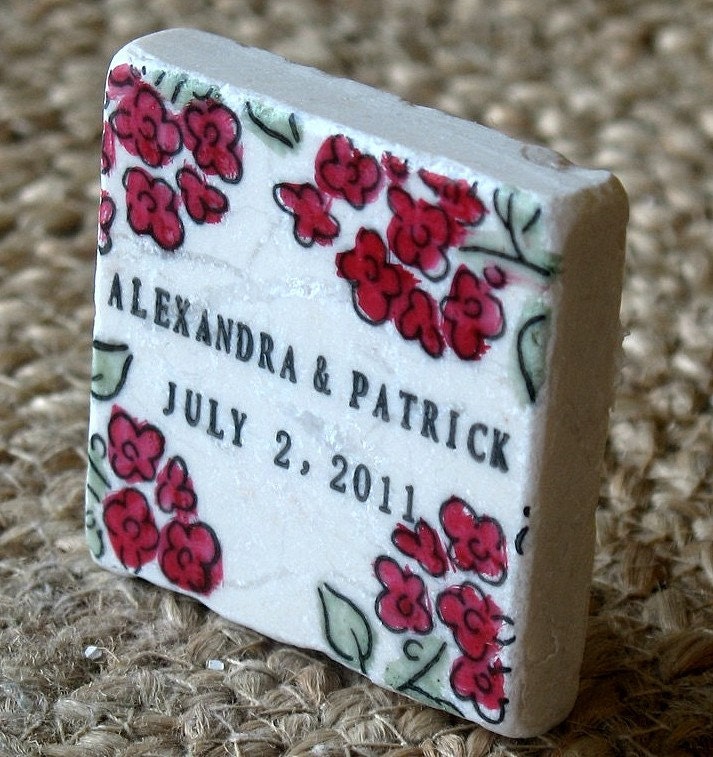 Red and Green Flower Wedding Favors, Save the Date Magnets, Set of 25