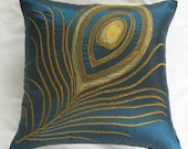 teal blue throw pillow with peacock feather 18 inch decorative cushion cover