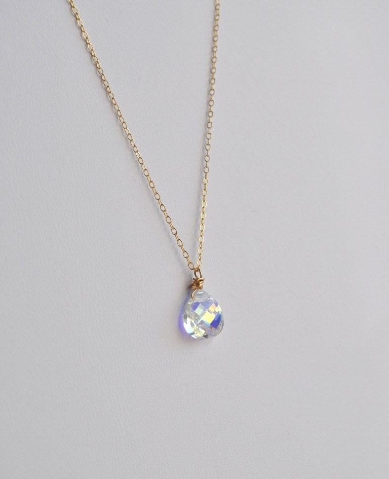 Sunlight Necklace - swarovski crystal, briolette, gold filled, aurora borealis, sparkle - simple dainty jewelry