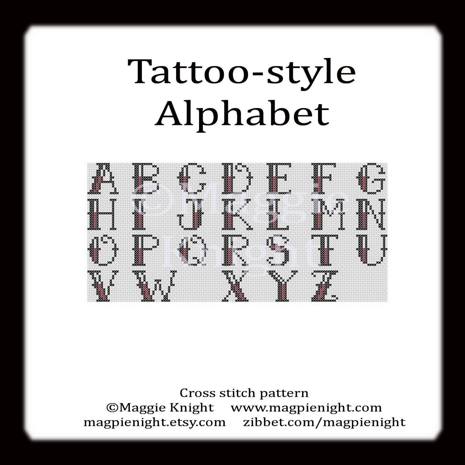 Tattoo-style Alphabet letters PDF cross stitch pattern