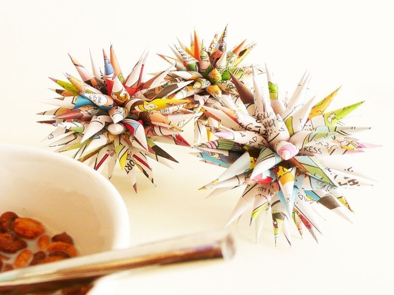 Recycled Newspaper Ornaments Sunday Comics Series Star Urchin Decorations Polish star Christmas holiday home decor xmas - THREE 4 inch