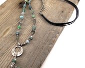 Mixed Gemstone Silver and Leather Necklace with Folkart Pendant
