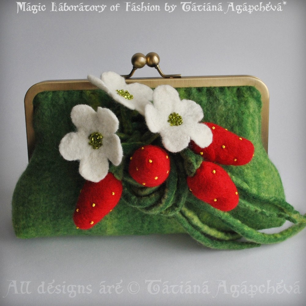 Clutch STRAWBERRY Fields Forever Felted with Strawberry Corsage Saint Patrick's Day FREE SHIPPING