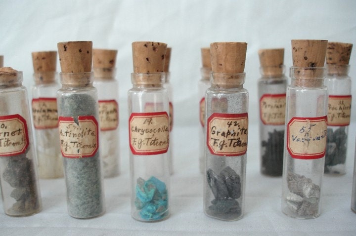 Antique Rock Mineral Bottle Collection - 26 Jars Vials Complete with Samples Rocks