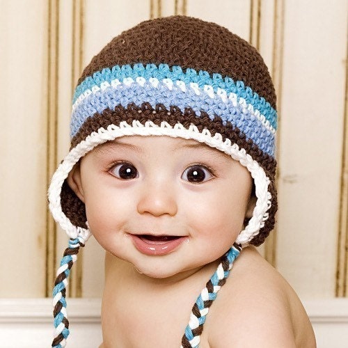 3 to 6 Month Earflap Beanie - chocolate, peacock, white, lt blue