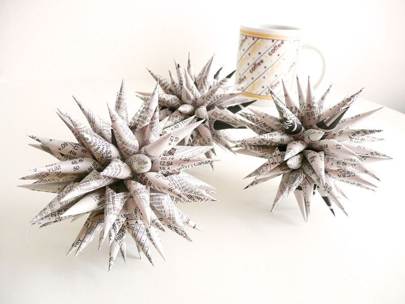 Recycled Newspaper Christmas Ornaments Black White Investors Series Star Urchin Holiday stock market geekery - Set of THREE 4 inch