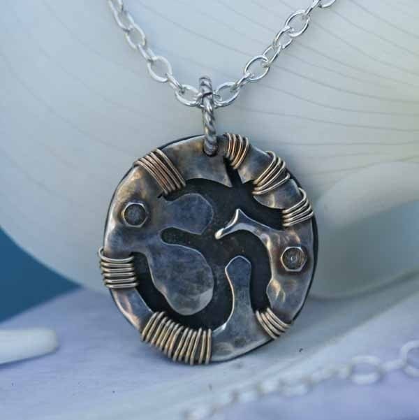 Sterling and Copper Circle Om Pendant Necklace 3/4 inch