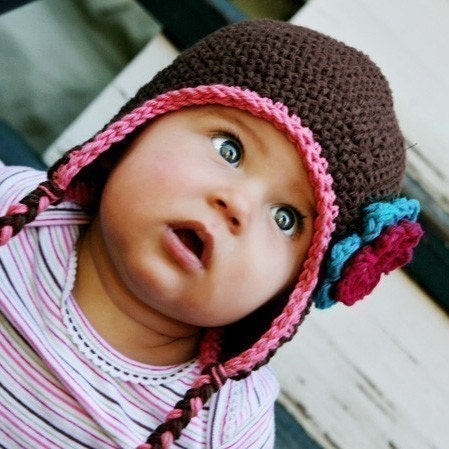 6 to 12 Month Flowered Earflap Beanie - chocolate, rose pink, cranberry, peacock