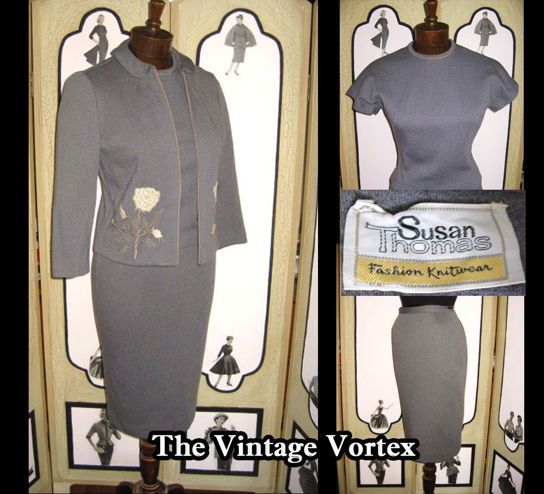 Vintage 1960s Susan Thomas Fashion Knitwear 3 Piece Embroidered Wool Dress Set Suit . GORGEOUS. S Small. US Shipping Included.