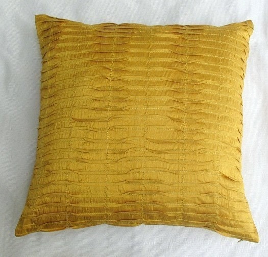 Saffron yellow art silk pintuck cushion cover 16 inch decorative throw pillow cover set of 2
