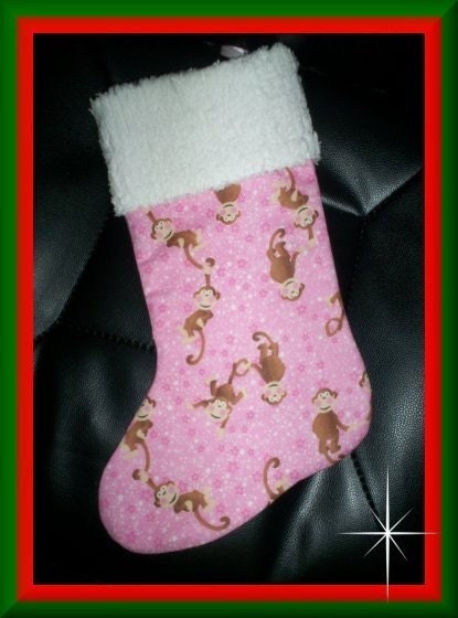 Pink Monkey Tails and Chenille Handmade Christmas Stocking with FREE US and Canada SHIPPING
