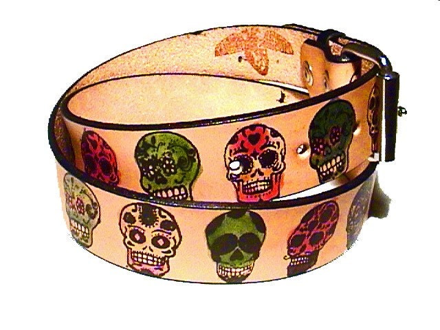 Handmade Leather Belt - Screenprinted Day of the Dead (Dia de los Muertos)