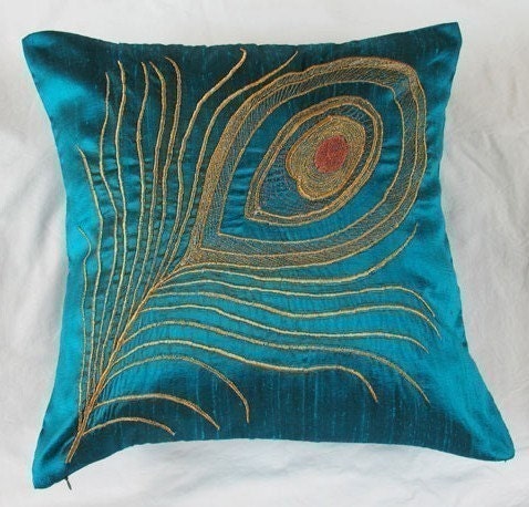 peacock feather teal blue throw pillow 16 inch decorative cushion cover