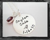 Hand Stamped Sterling Silver Birthdate Necklace with Design Stamp and Birthstone