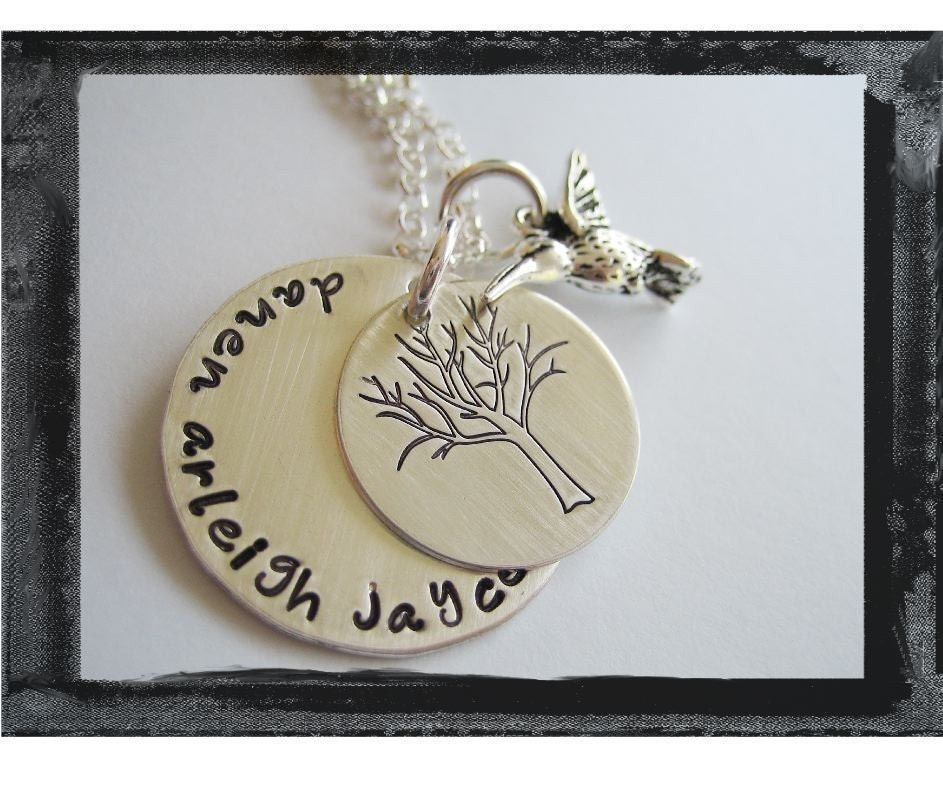 Hand Stamped Sterling Silver Family Tree Necklace with Hummingbird Charm