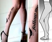 l/xl sexy, funny and flirty FOLLOW ME twitter tattoo tights / stockings/ full length / pantyhose / nylons light mocha