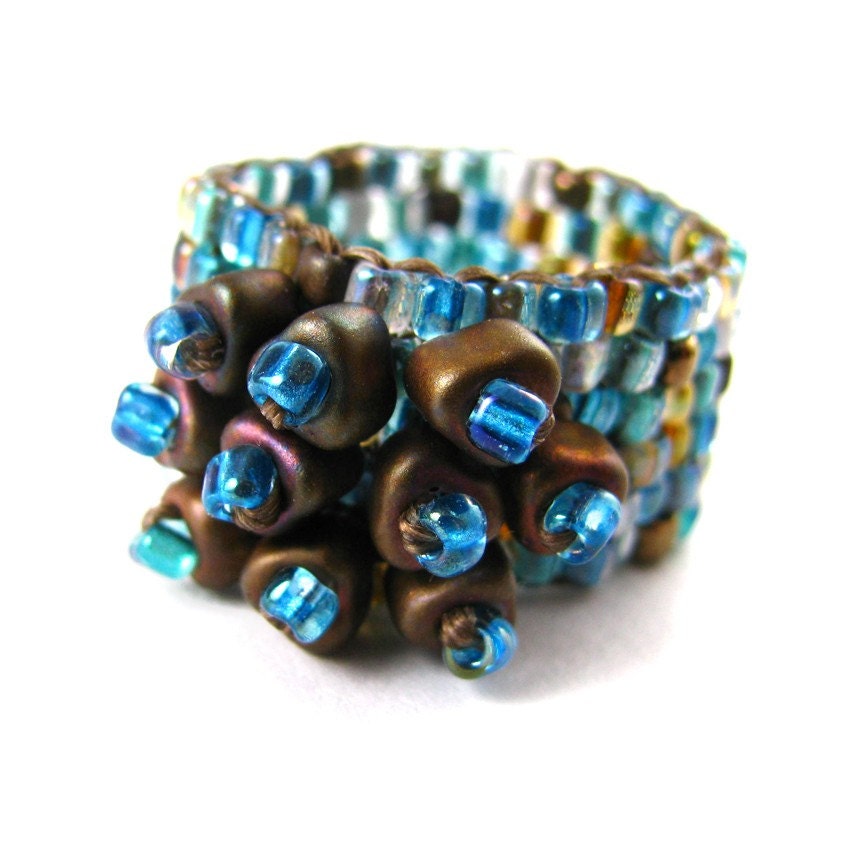 KINDNESS ring beadwoven with miyuki triangles in aqua, brown and gold - downtoearthcreations