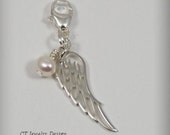 Sterling Silver Personalized Clip On Lobster Clasp Angel Wing Pendant Charm with Swarovski Crystal Pearl