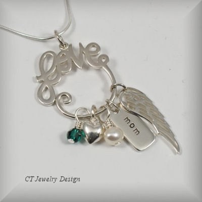 Sterling Silver Love Charm Holder with Angel Wing Puff Heart Word Tag and Birthstone