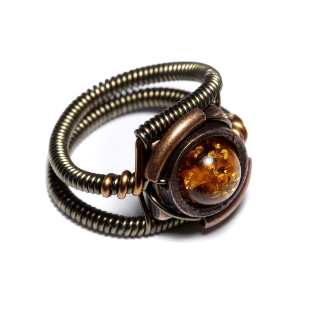 Steampunk Jewelry - Ring - Copper Amber