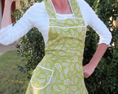 Flirty Everyday Housewife Apron - Green and Cream Paisley