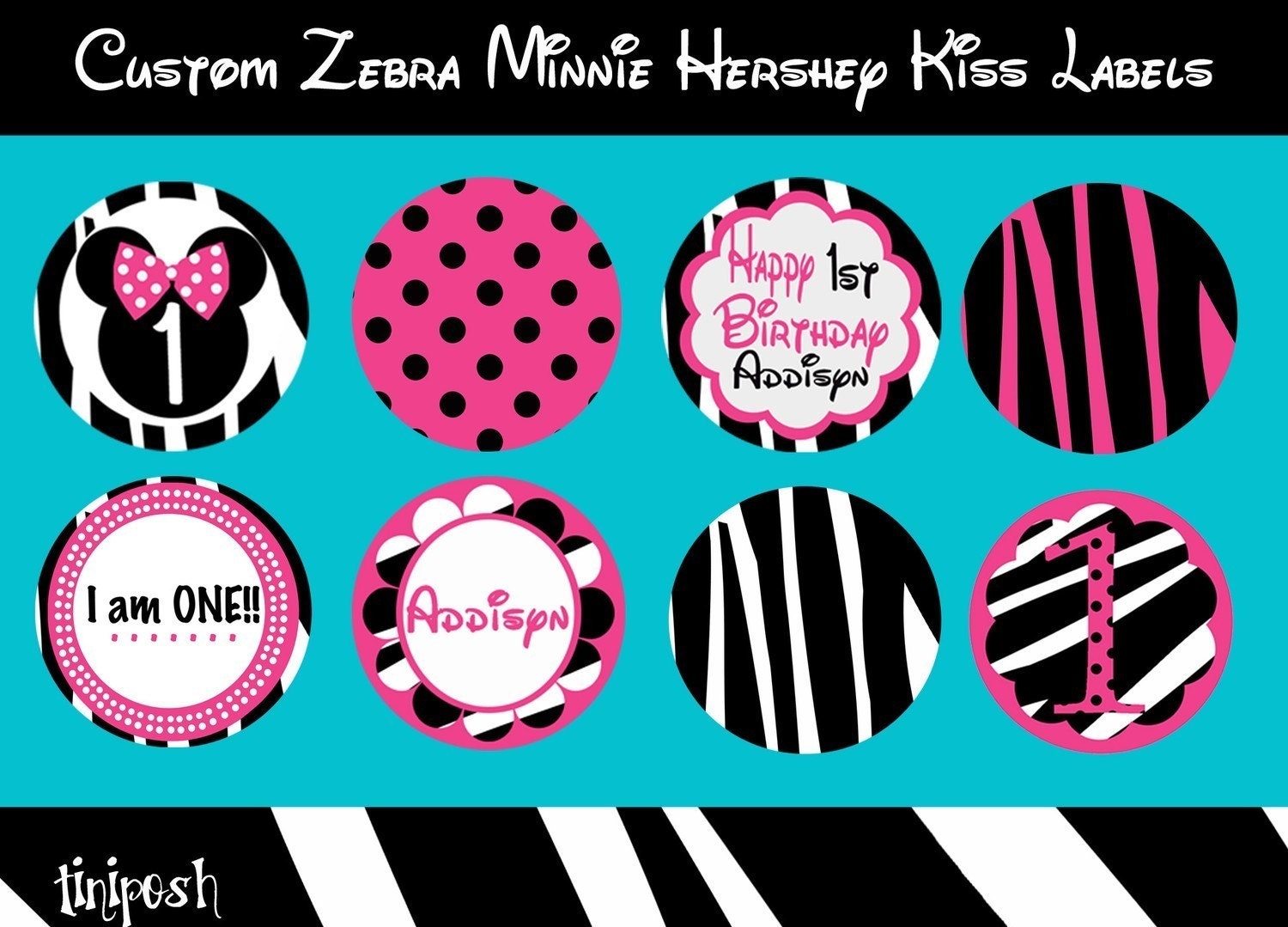 Custom Zebra and Hot Pink Minnie Mouse Mix and Match Hershey Kiss Labels Il_170x135