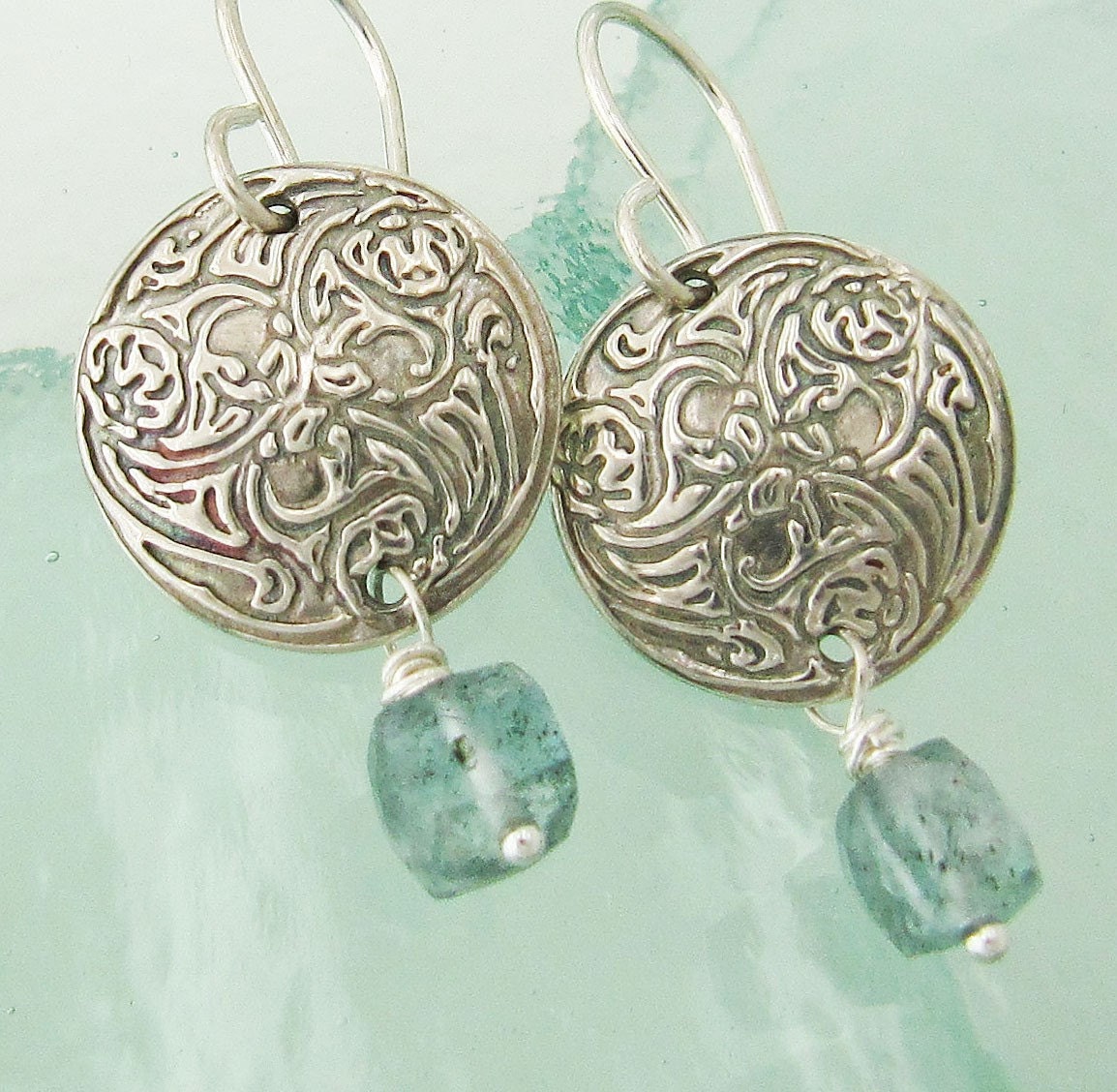 Art Nouveau Silver and Moss Aquamarine Earrings