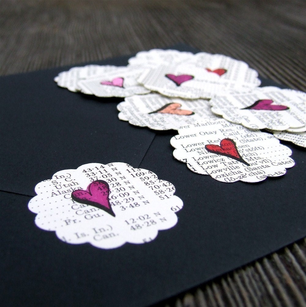 Love Hearts, 20 Hand Drawn Heart Stickers made from vintage atlas paper, it's time to start making your Valentines